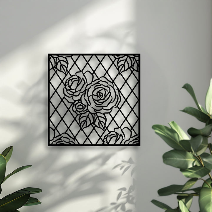 The serene mood of elegant metal wall decor featuring a black rose lattice design creates a tranquil ambiance.