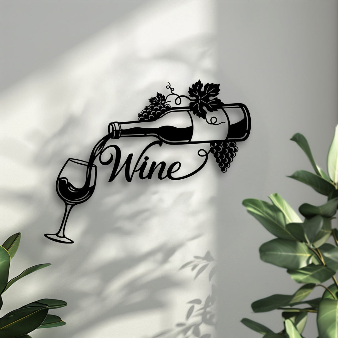The negative space around the elegant black metal wall decor of a pouring wine bottle and glass creates striking shadows on a textured white surface.