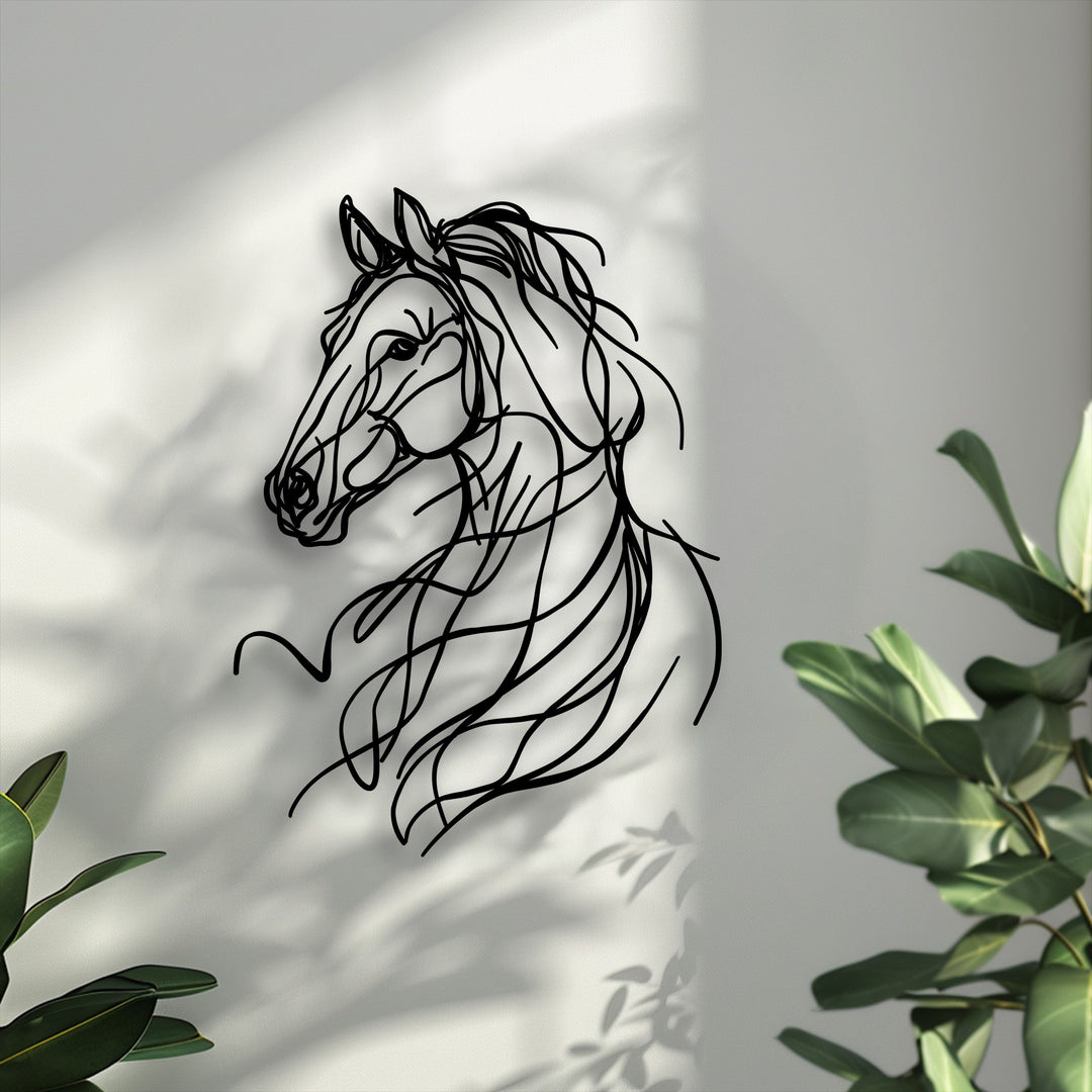 The brightest area on the wall highlights the graceful motion of the abstract horse line decorative metal art, showcasing its modern design.