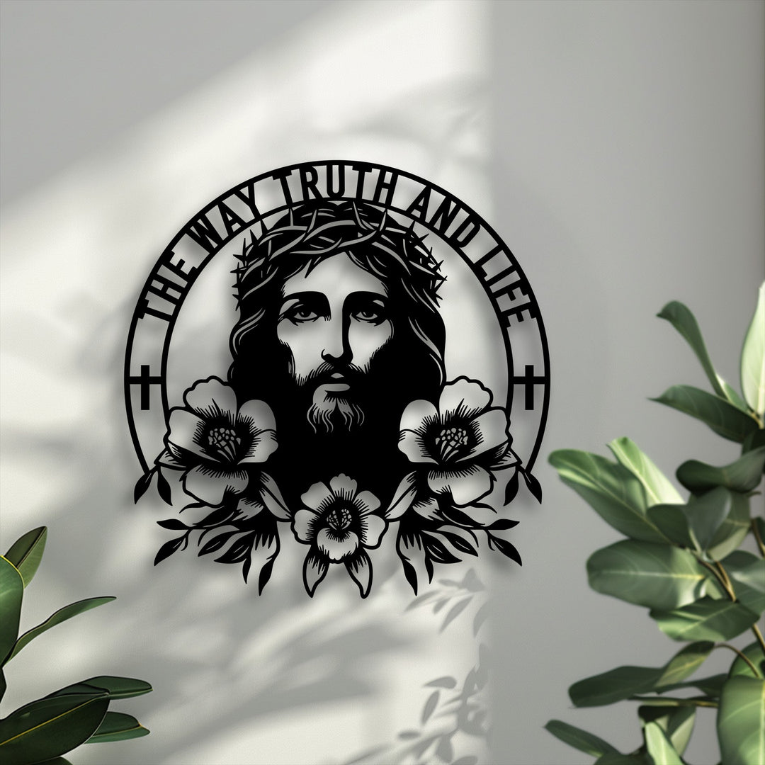The decorative metal art of Sacred Jesus, with intricate depth and layers, casts striking shadows for a compelling three-dimensional effect.