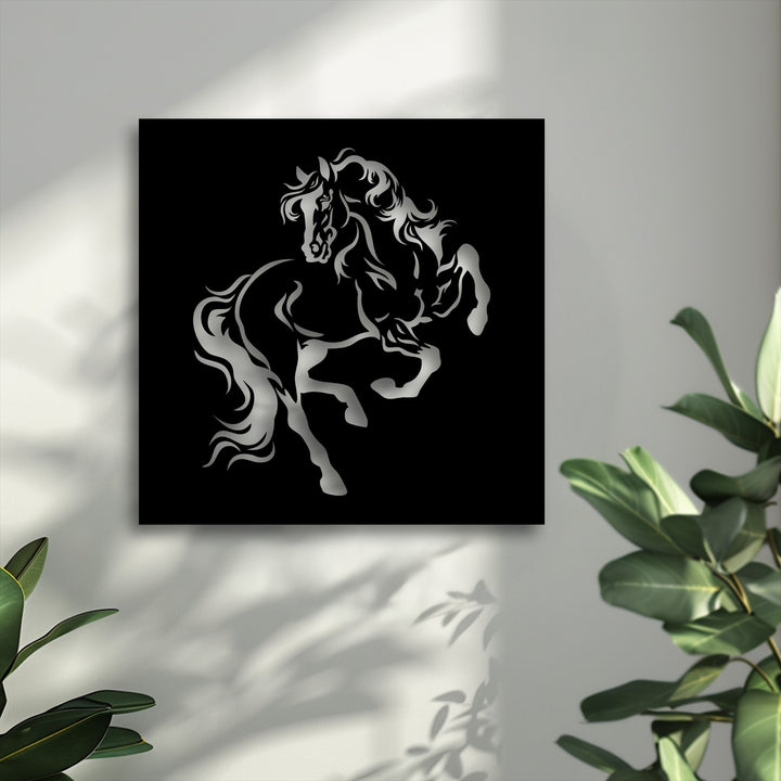 The metal artwork features a rearing horse silhouette composed of elegant, sweeping geometric curves and stylized forms, creating a dynamic visual.