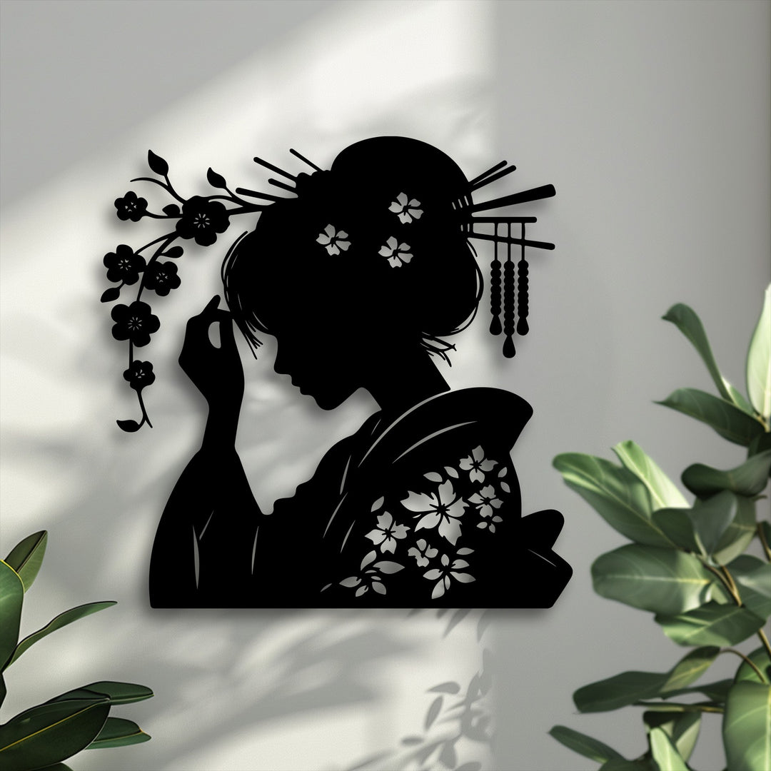 The striking color contrast of the elegant Geisha silhouette as decorative metal art against the light wall creates a dramatic oriental focal point.