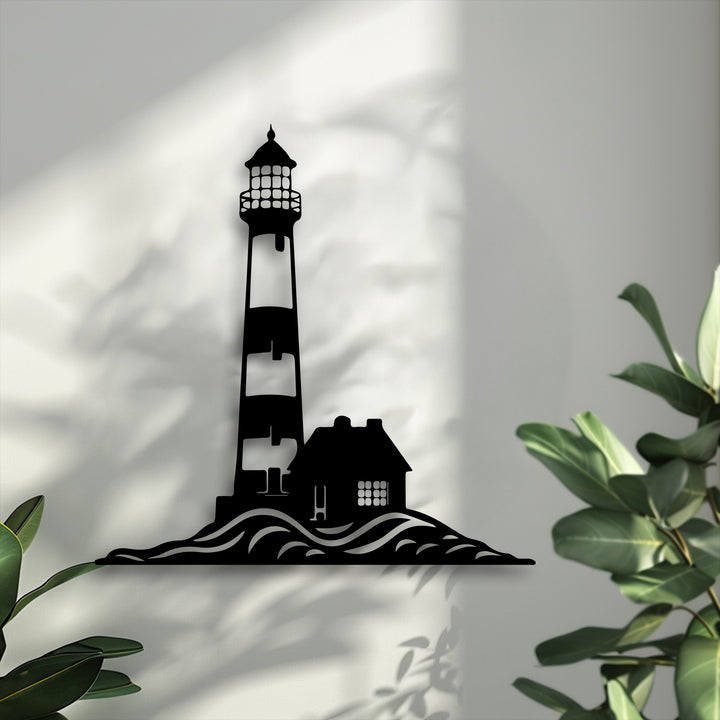 Layered depth of the black metal coastal lighthouse silhouette casts intricate shadows, adding visual appeal as decoration wall art.