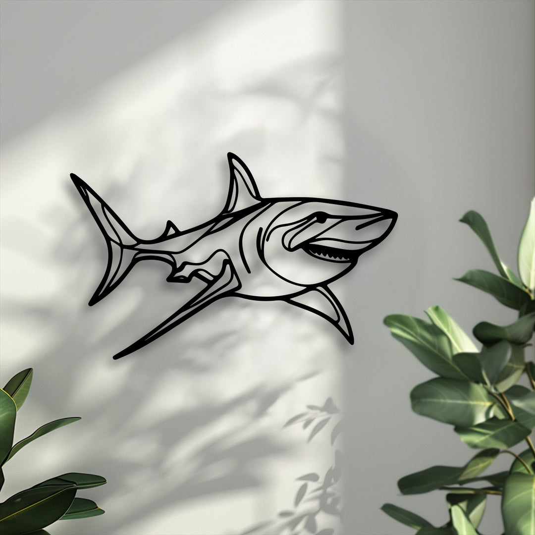 A captivating mood emanates from the sleek shark metal art for wall, showcasing a dynamic ocean predator design.