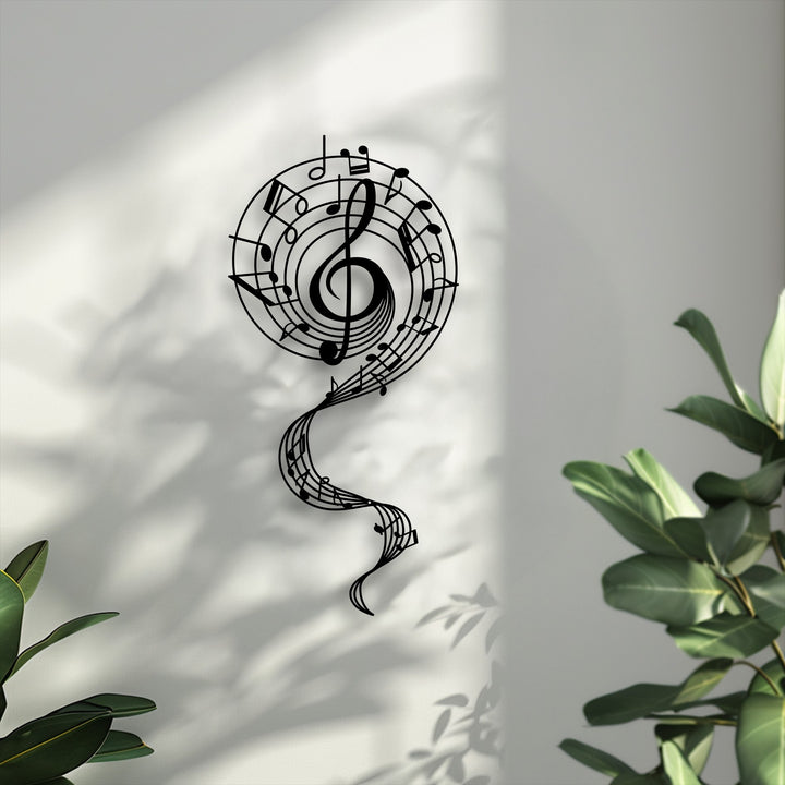 Emphasizing visual rhythm, a flowing melody of black treble clef and abstract music notes create artistic metal artwork.