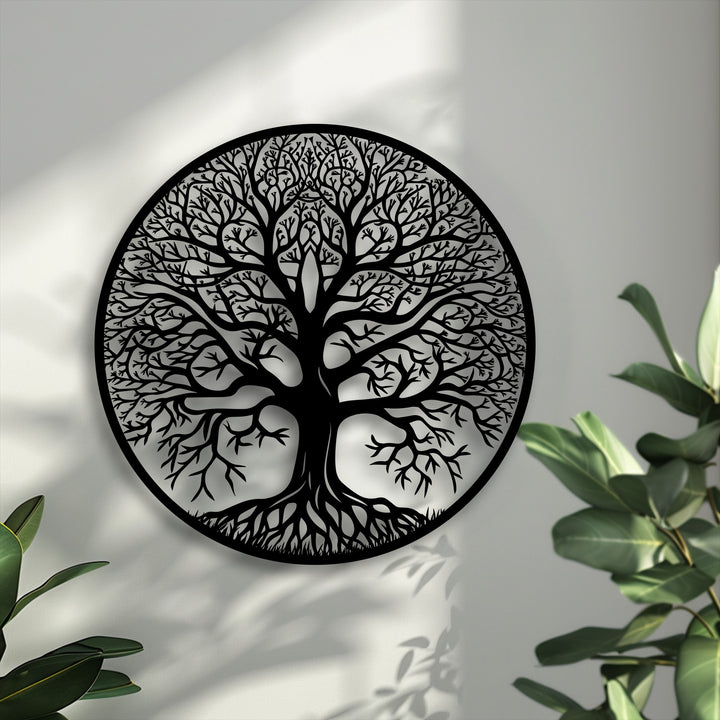 The subtle layering effect from the unique metal wall art, a tree of life circle, creates a captivating depth with its shadows.