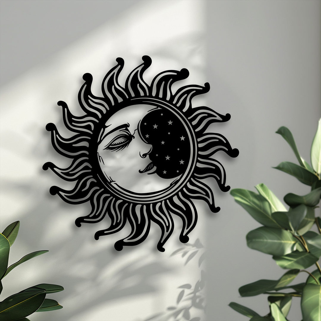 Sun and Moon Metal Wall Art – Celestial Face Design