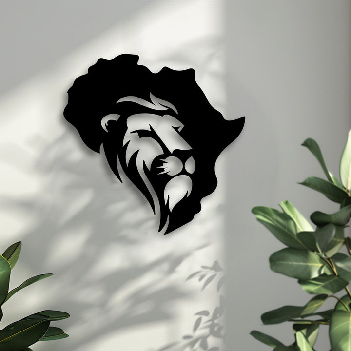 Visual rhythm from the lion Africa Map metal wall art against the light-dappled wall with shadows, for powerful metal wall decor.