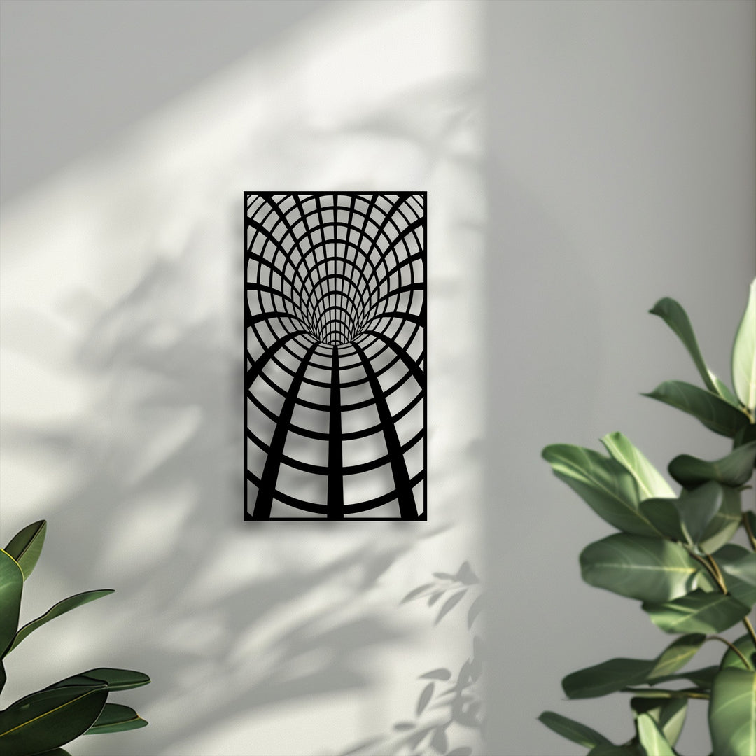 The swirling grid of this unique metal wall art creates a dynamic optical illusion, drawing the eye into its mesmerizing tunnel design.