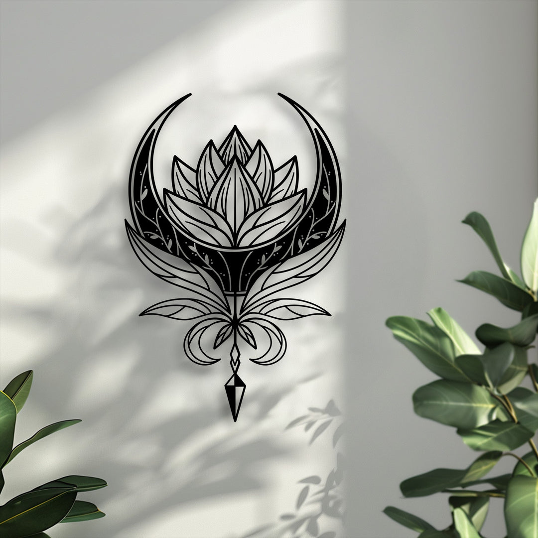 The stillness of this elegant celestial lotus emblem metal artwork, casting soft shadows, exudes a tranquil and calming presence.