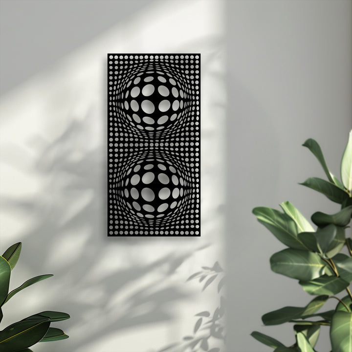 The layering effect creates mesmerizing depth on this hypnotic orb geometry decoration wall art, featuring an optical illusion dot pattern.