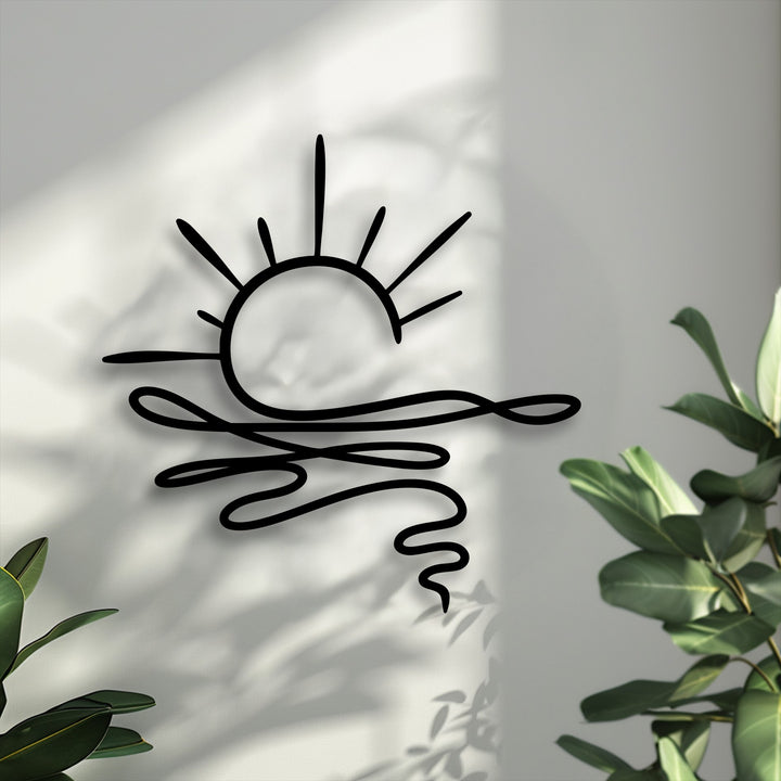 Curvilinear geometric elements define this abstract sunrise metal wall decor, featuring radiating lines above gracefully flowing wave patterns.