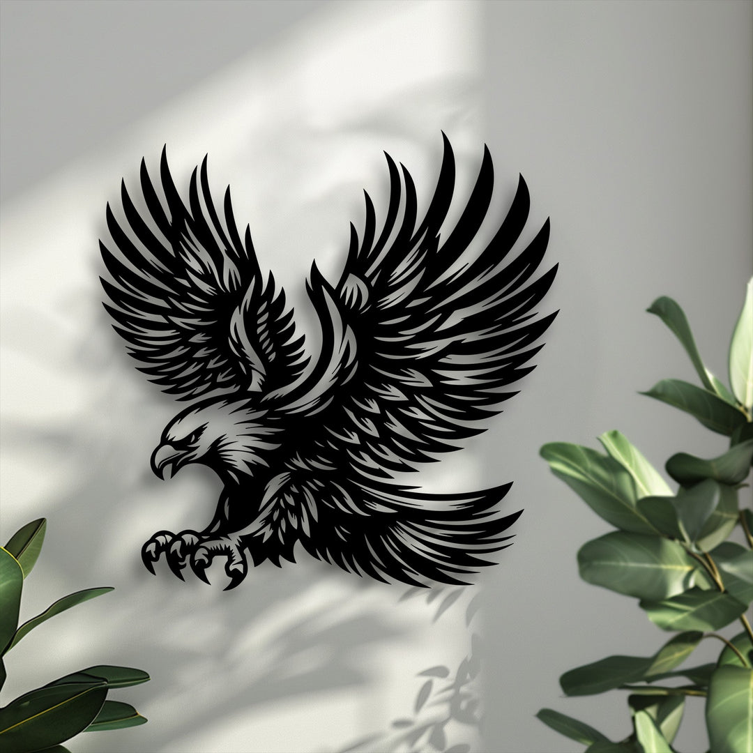 The powerful silhouette of a majestic soaring eagle, featuring a fierce gaze and widely outstretched wings, makes for striking metal wall decor.