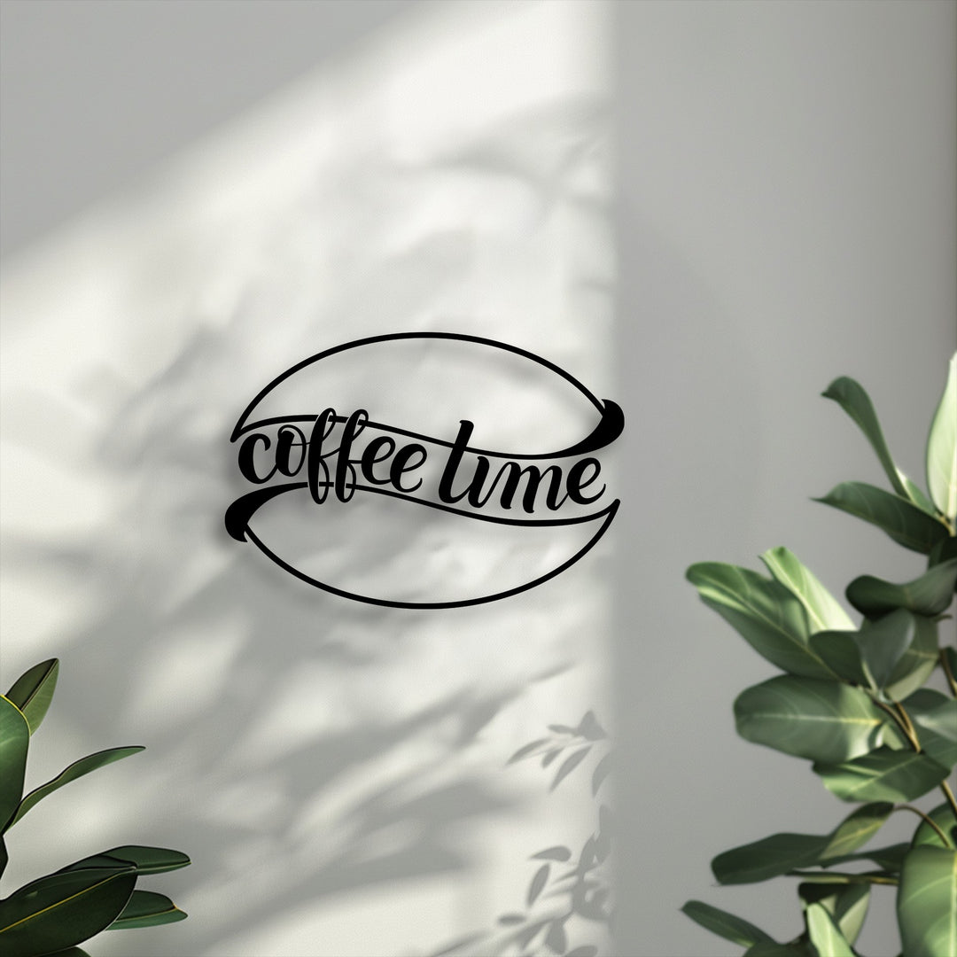 A serene morning mood is conveyed by this unique metal wall art featuring a 'coffee time' sign with soft plant shadows.