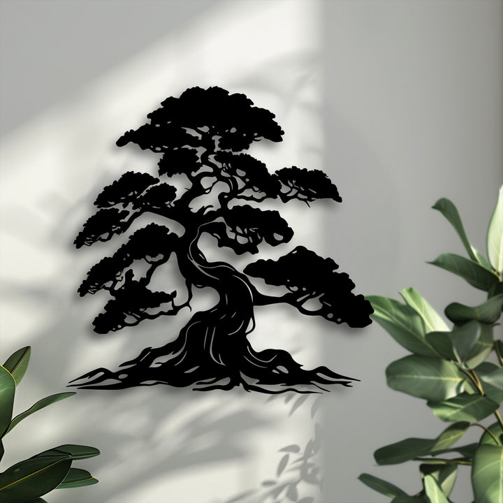 The bright, natural color temperature highlights the unique metal wall art featuring a timeless bonsai tree, enhanced by soft shadows.