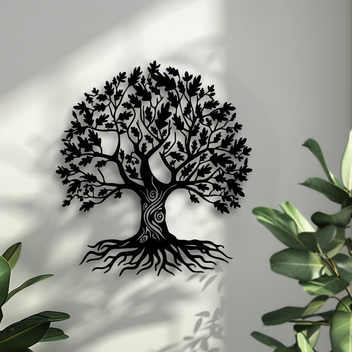 Soft, dappled shadows from the ornate Tree of Life metal artwork gently diffuse across the wall, highlighting its intricate design.