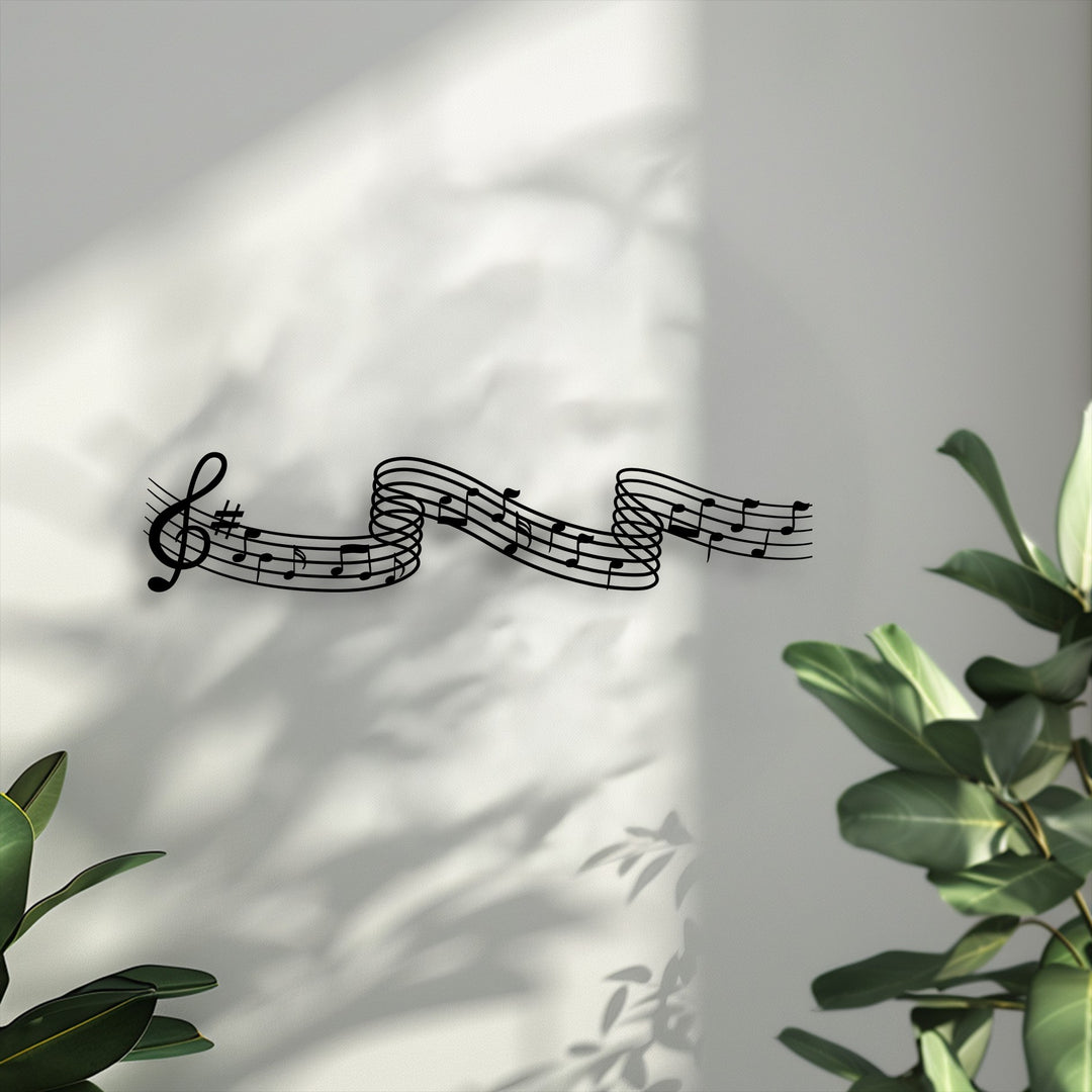The striking layering effect of this musical metal wall decor is evident in the flowing notes, casting dynamic shadows on the wall.
