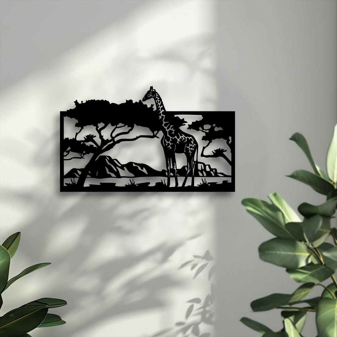 The visual rhythm of the Savannah Giraffe Scene metal wall decor is emphasized by the contrasting, organic tree shadows.
