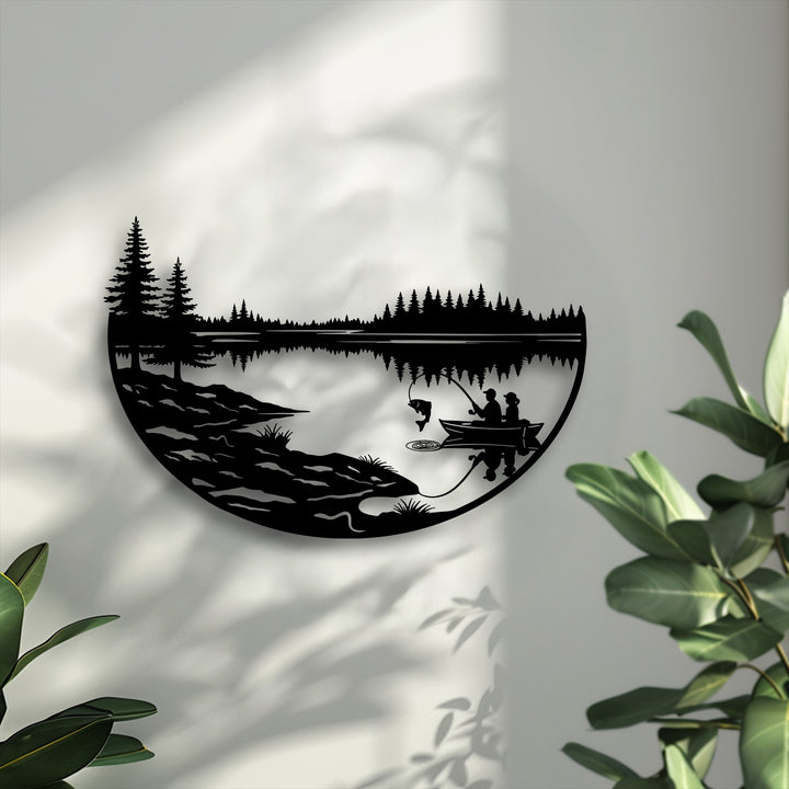 The elegant matte black finish of this metal fishing lake decoration wall art beautifully outlines the serene nature landscape.