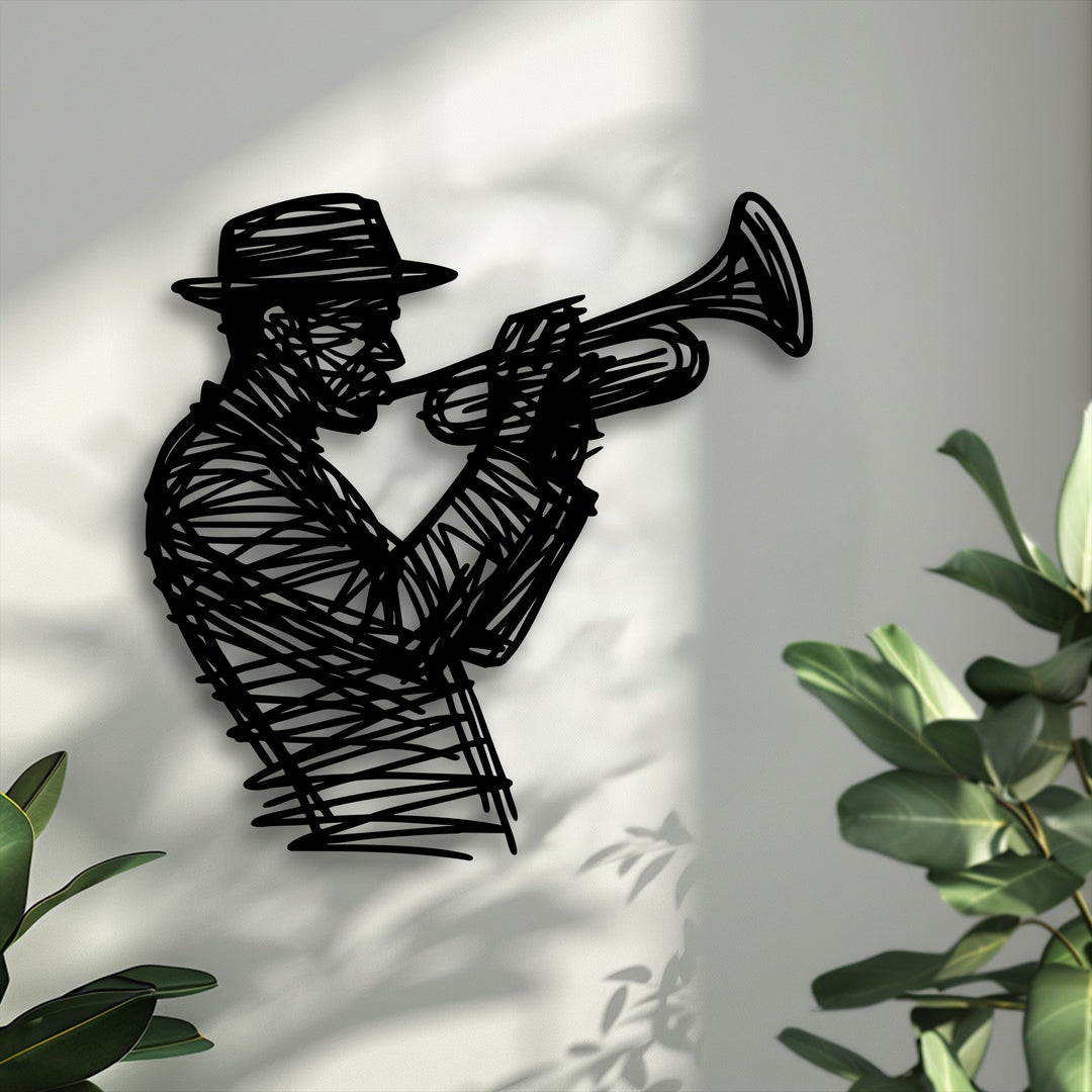 The visual rhythm of abstract lines forming the jazz trumpet player in this decorative metal art creates a dynamic silhouette against a textured wall.