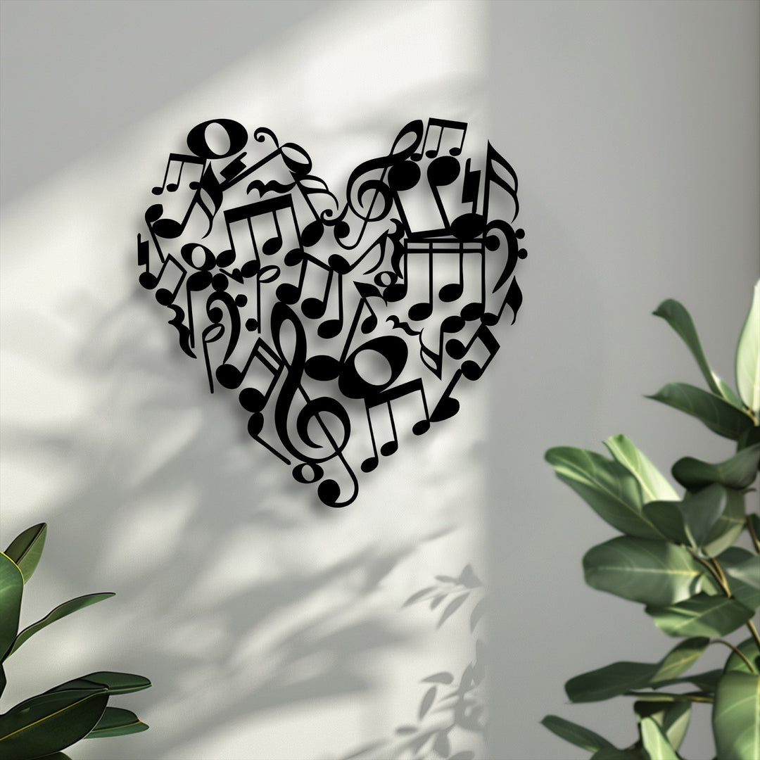 The airy negative space of the wall artfully shapes the Heart-Shaped Music Notes Metal Wall Art, with shadows adding depth to the unique metal wall art.