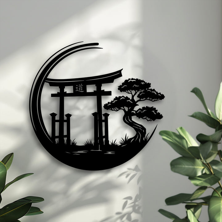 The negative space on the white wall beautifully outlines the black Zen Garden Torii Gate metal wall decor, revealing its serene Japanese style.