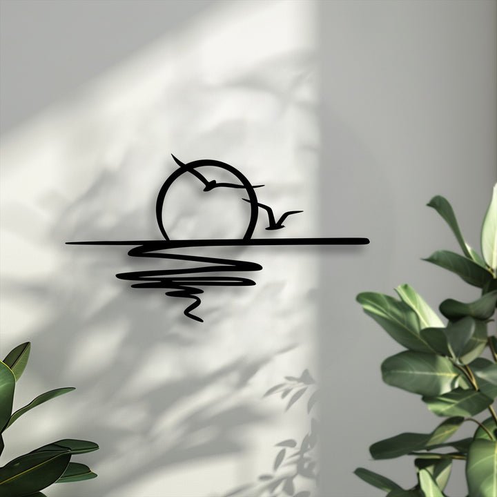 A serene and modern mood emanates from this minimalist sunset birds metal art for wall, showcasing a peaceful ocean reflection.