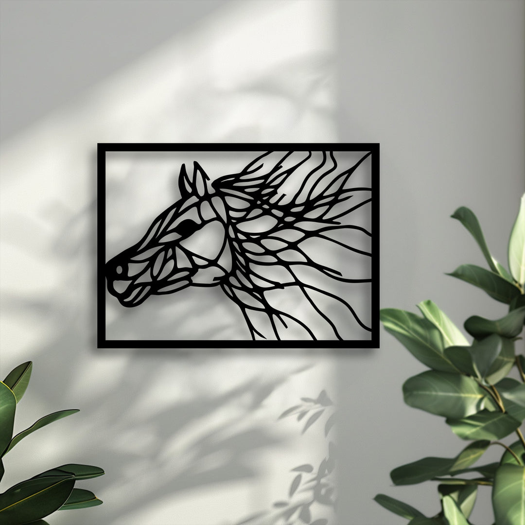 The sleek black edge distinctly frames the dynamic lines of this abstract horse portrait, a captivating piece of decorative metal art.