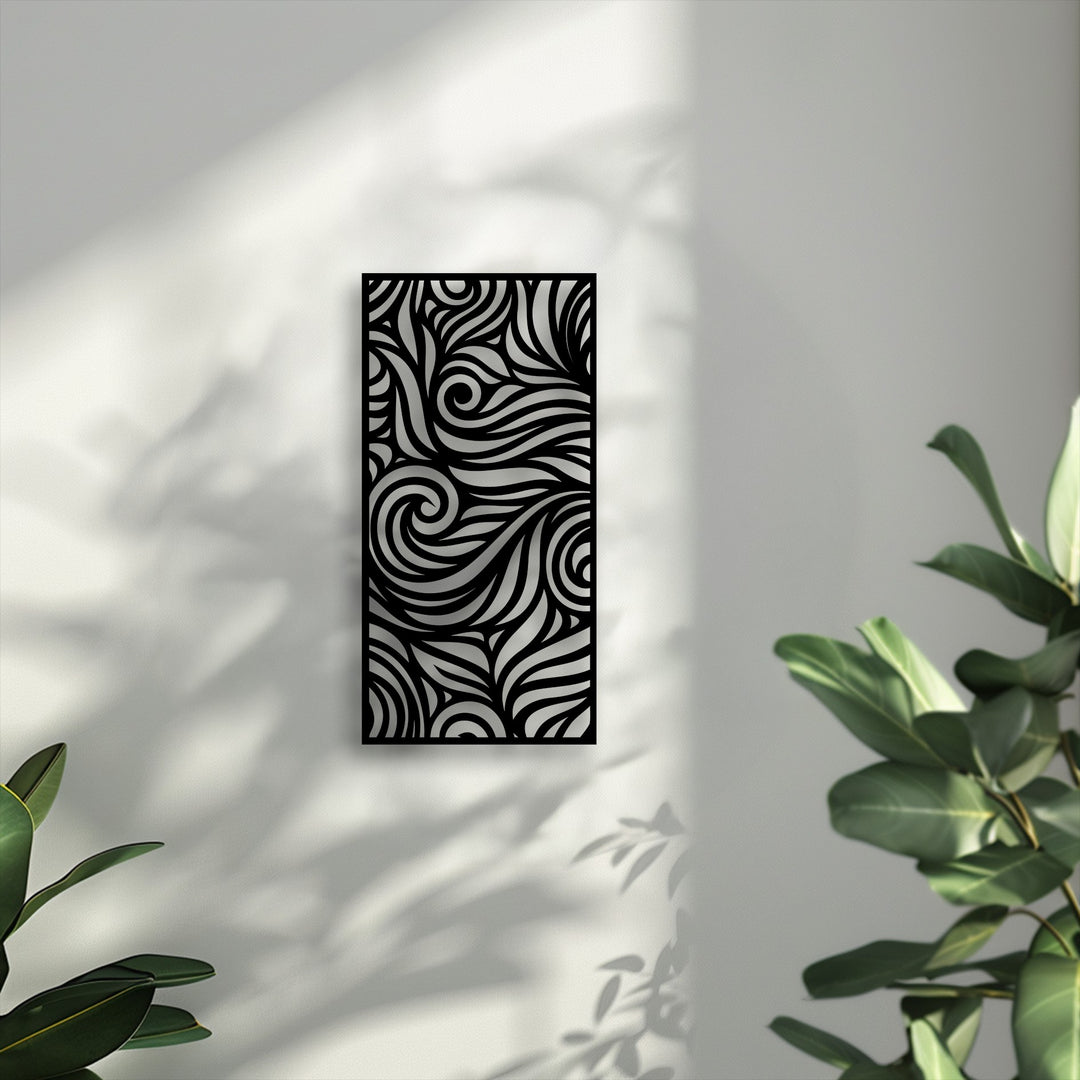 Vertically oriented rectangular decorative metal art featuring intricate abstract swirl patterns as modern panel decor.