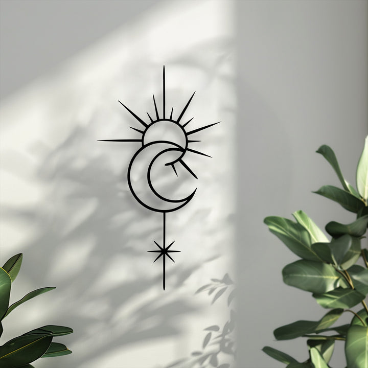 Showcasing depth through layered design, this black celestial sun moon and star line metal wall decor casts dramatic shadows on the wall.