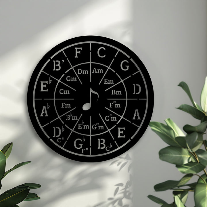 The smooth, matte black surface of this Circle of Fifths decorative metal art features precisely engraved silver music theory wall decor elements.
