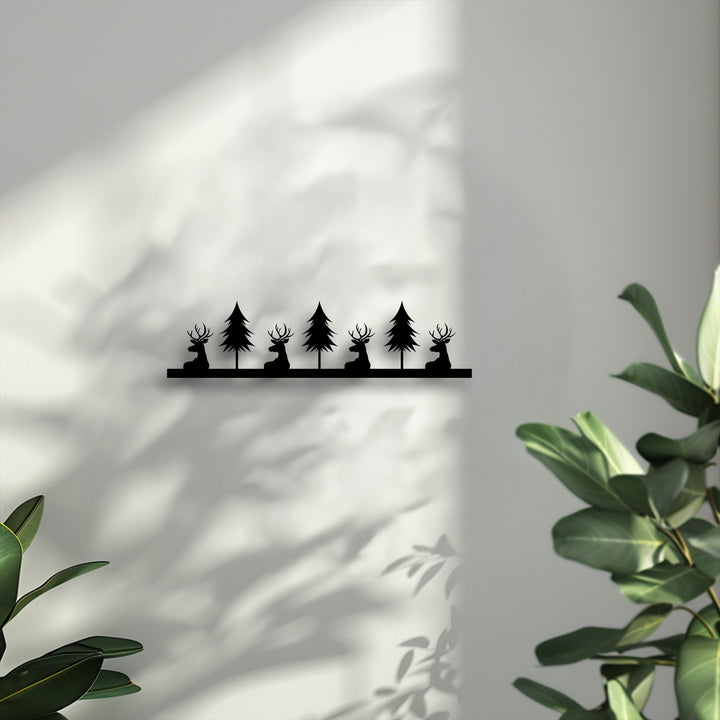 The bright, cool color temperature enhances the elegant deer and pine forest silhouette unique metal wall art.