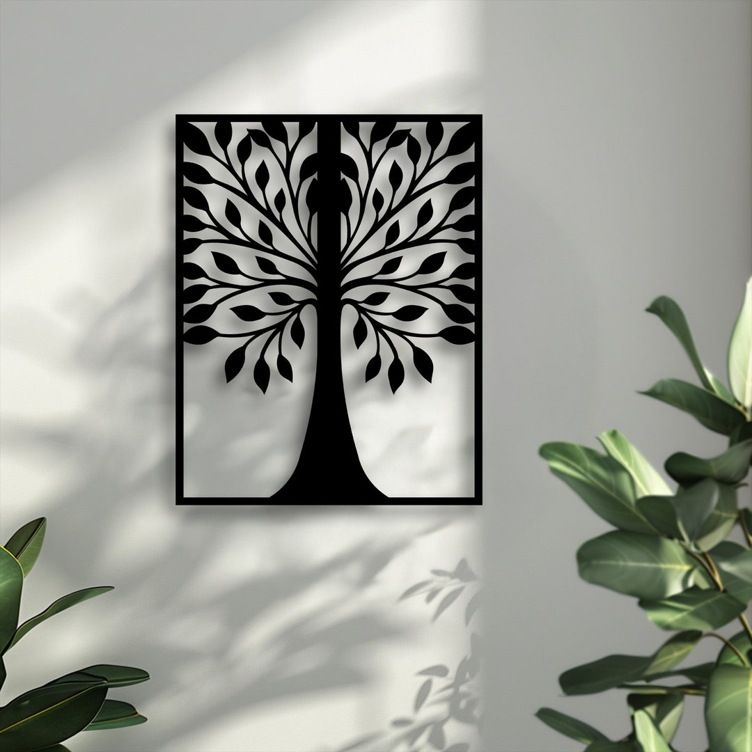 The geometrically precise, rectangular framework of this unique metal wall art displays a symmetrical tree silhouette with intricate leaf cut-outs.