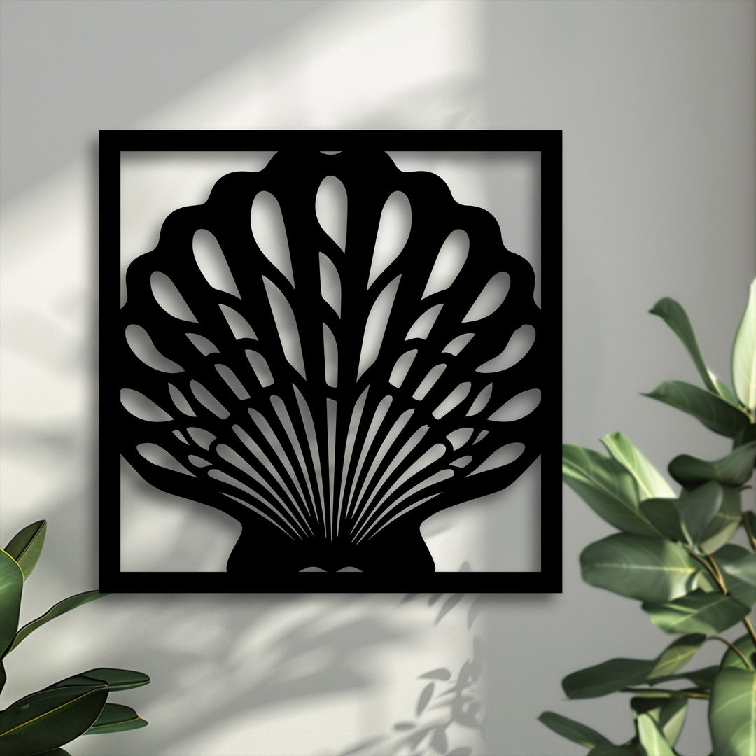 The geometric elements of this seashell metal art for wall reveal radiating lines and organic curves within a sleek square frame.