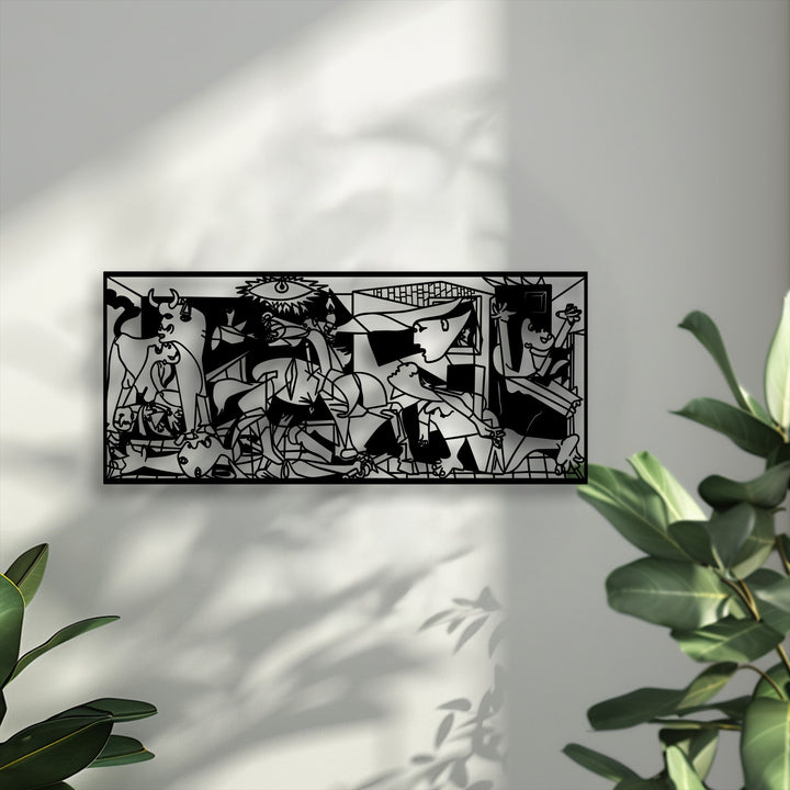 The expertly crafted unique metal wall art, a Guernica-inspired abstract panel, showcases exceptional durability and intricate design.