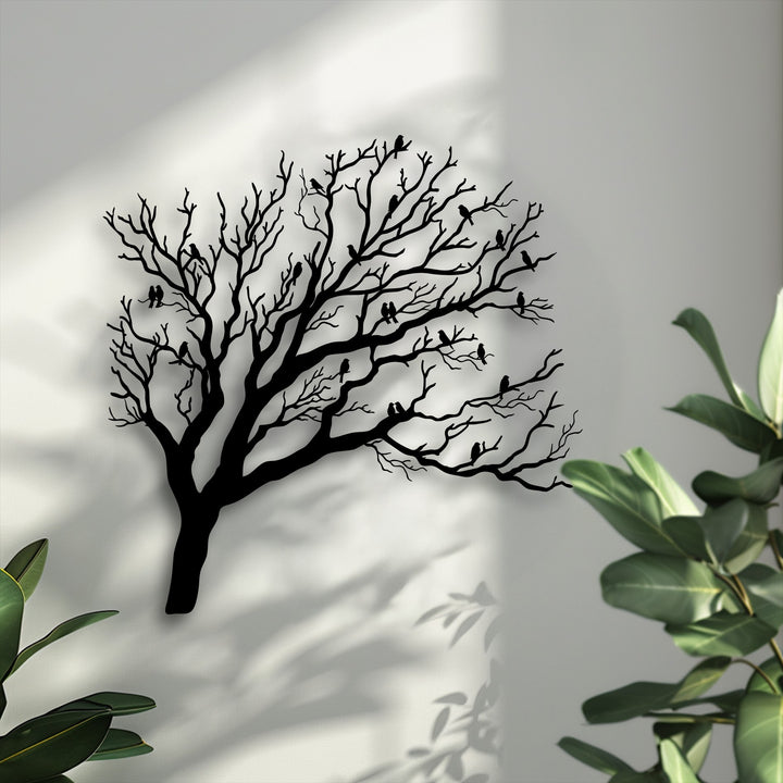 Animated sunlight weaves across the textured wall, casting fluid, dancing shadows that bring life to the birds on bare tree branches metal artwork.