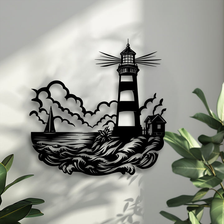 The cool, crisp color temperature highlights the stark black silhouette of this lighthouse seascape decorative metal art.