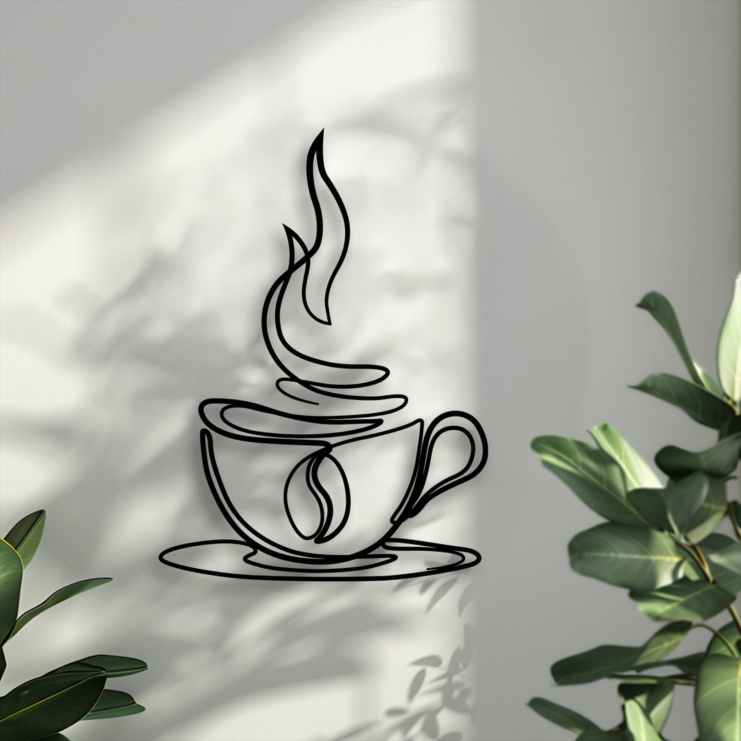 Showcasing superior material quality, this decorative metal art of a coffee cup line design is precisely crafted.