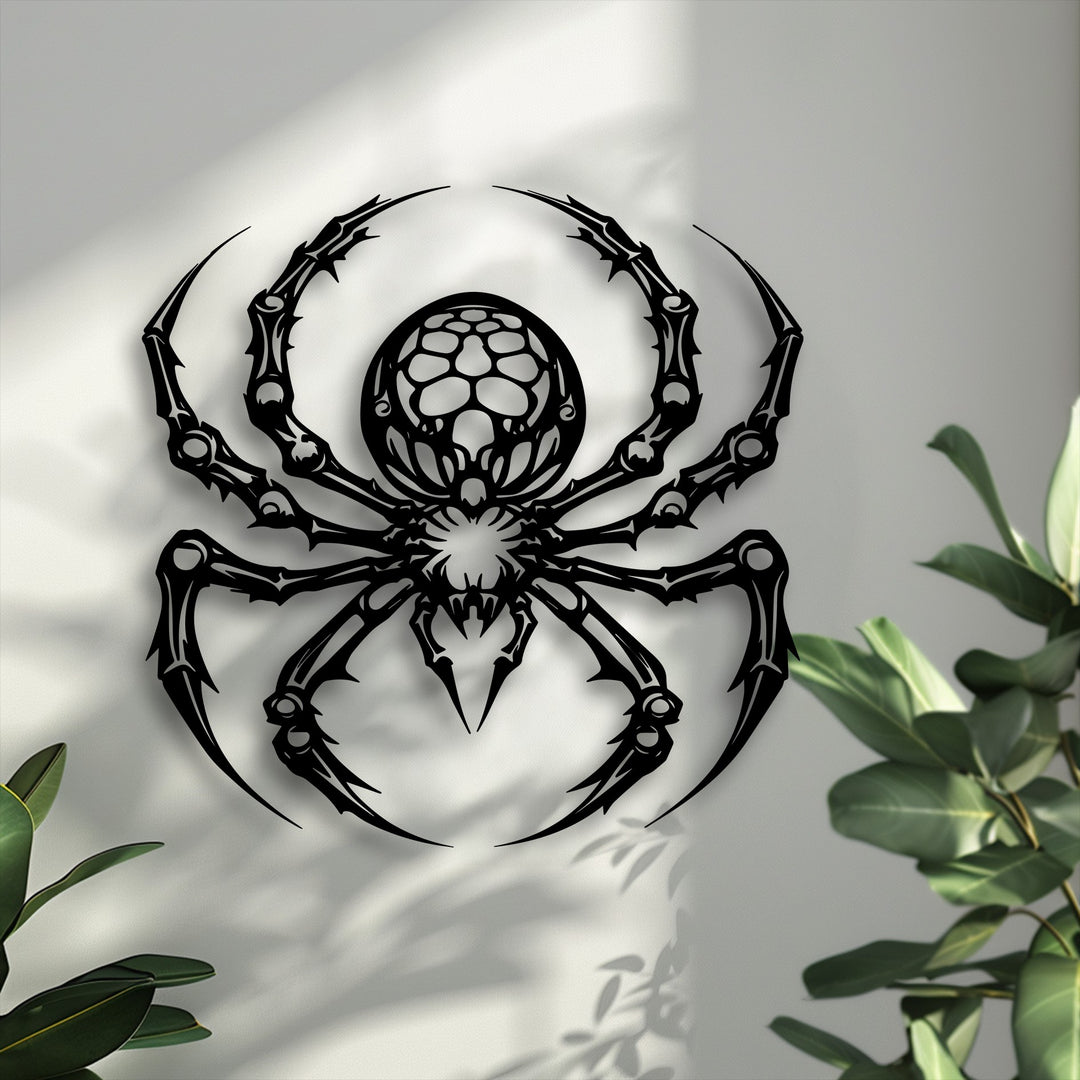 The extremely low color saturation emphasizes the stark contrast of the black gothic spider metal art for wall against the light background.
