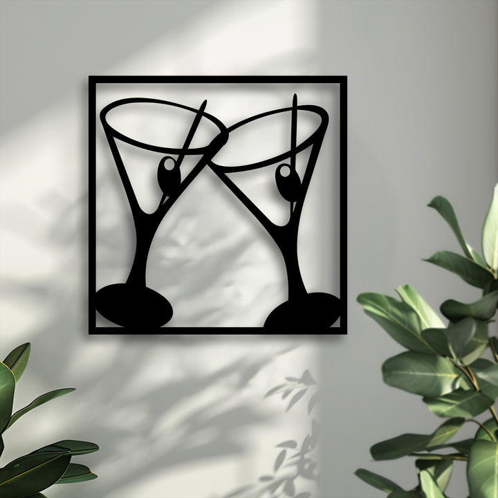 This exquisite metal art for wall features clinking cocktail glasses, creating a beautiful layering effect with their crisp, intricate shadows.