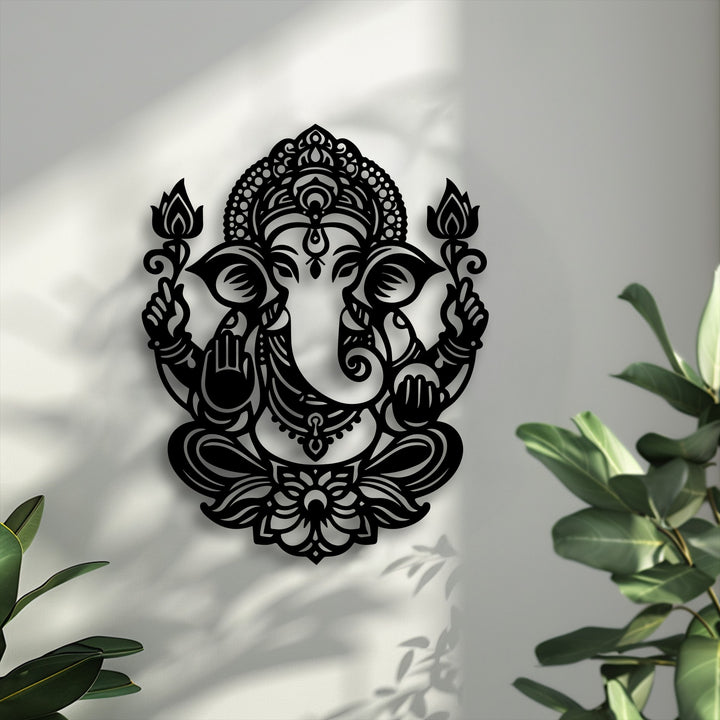 The darkest area prominently features an intricate black silhouette of Sacred Ganesha Lotus metal art for wall, a spiritual depiction.