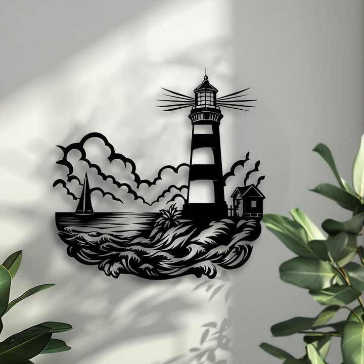 The distinct depth and layers of this nautical metal wall decor highlight a lighthouse and ocean scene, casting beautiful shadows on the wall.