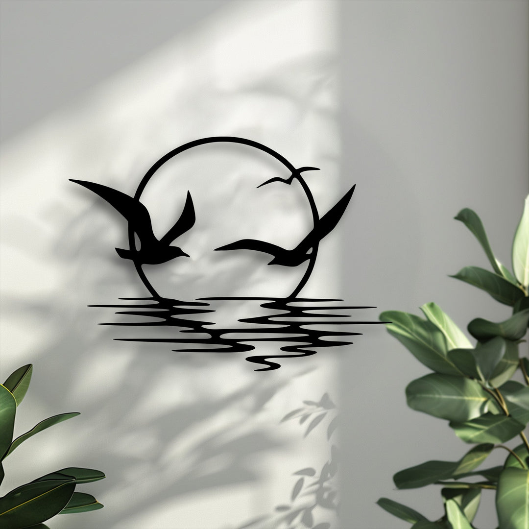 The stillness of the coastal ocean sunset is beautifully rendered in this soaring seagulls metal art for wall, depicting serene birds.