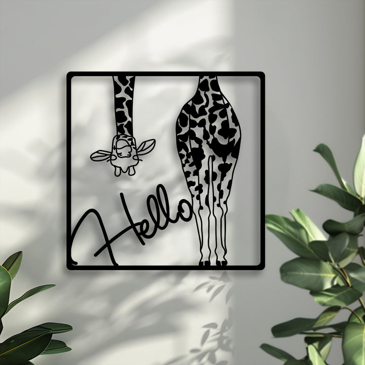 This square unique metal wall art displays a playful safari Hello Giraffe design with an upside-down head and standing legs.