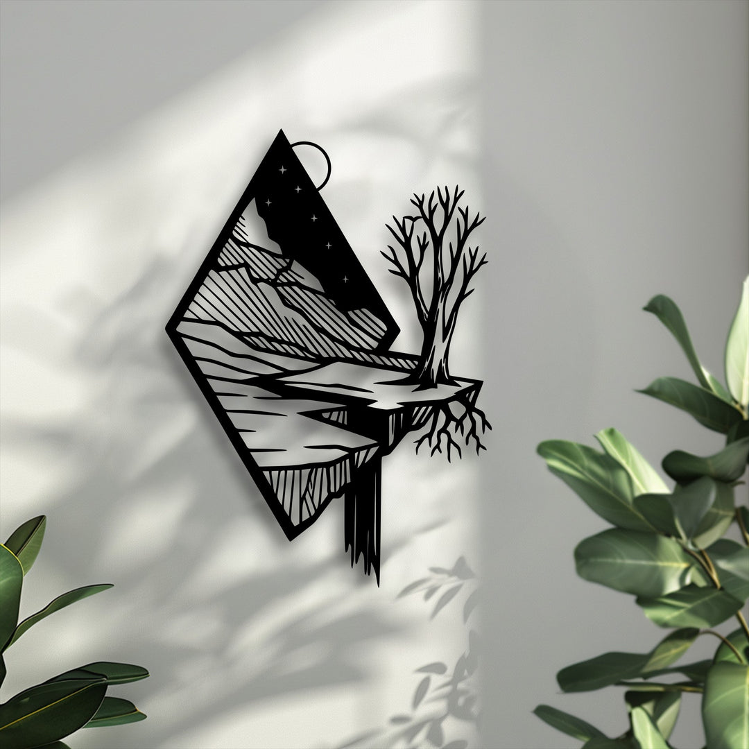 Serene metal art for wall featuring a captivating floating mountain landscape design under a starry sky.