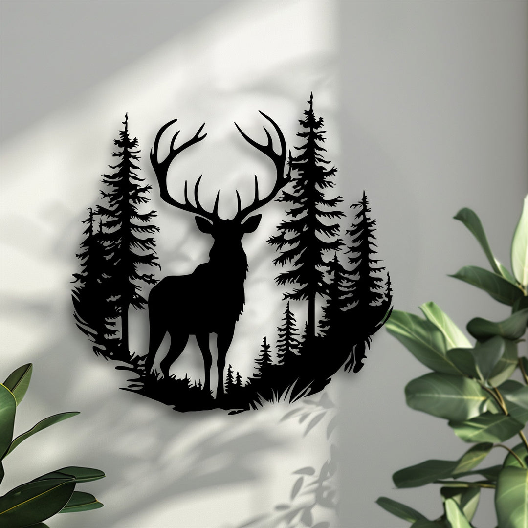 The darkest area, a striking metal art for wall piece, showcases a majestic deer and dense forest silhouette.