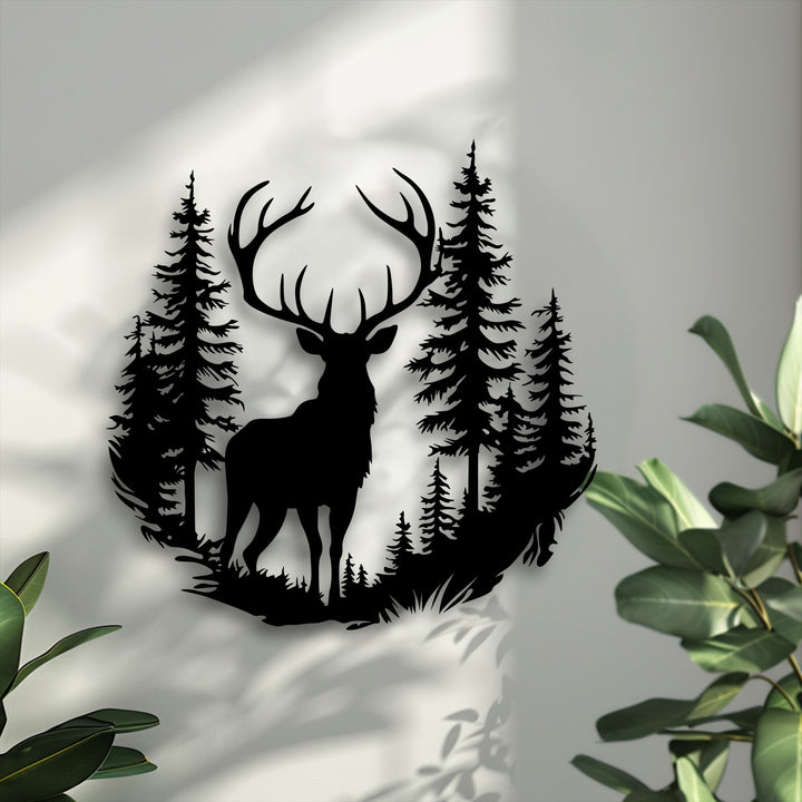 The darkest area, a striking metal art for wall piece, showcases a majestic deer and dense forest silhouette.