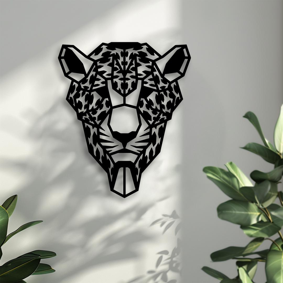 Cool-toned lighting accentuates a bold geometric tiger head metal artwork, with crisp shadows on the wall and green plants framing the view.