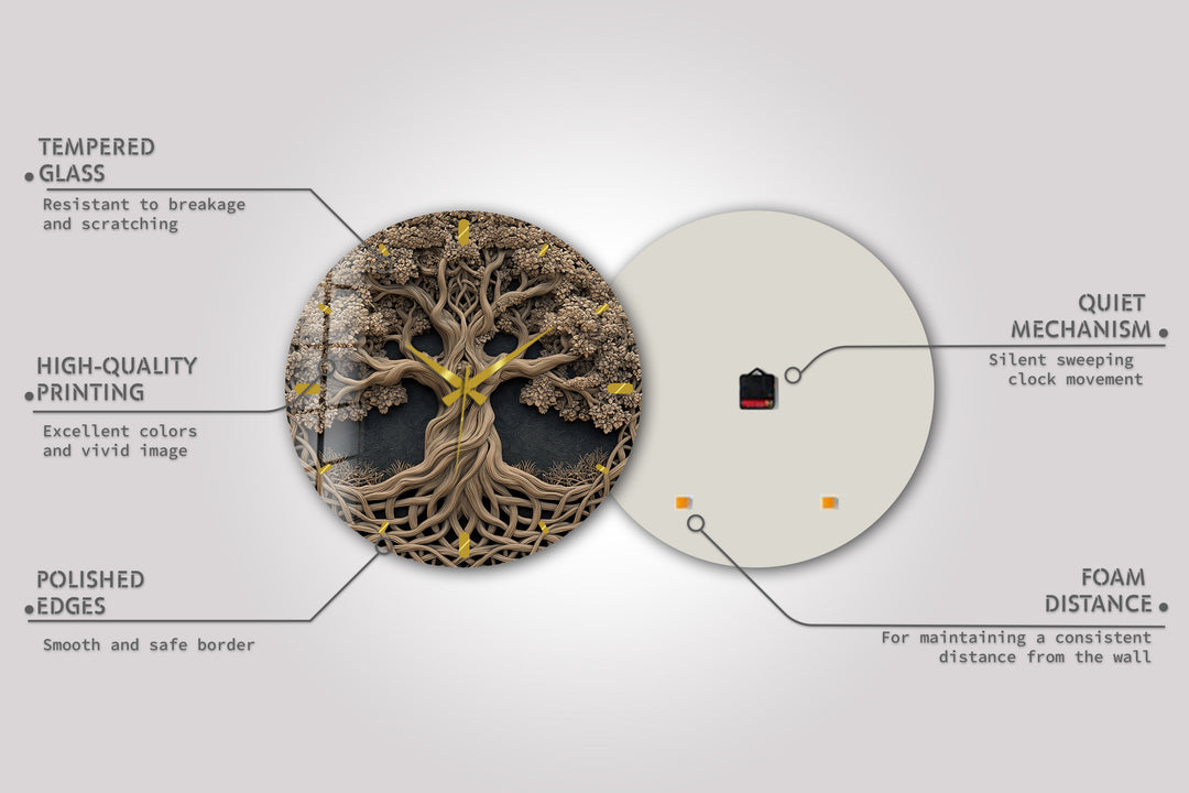 Baum des Lebens Glas-Wanduhr – Rustikale geschnitzte Holzoptik