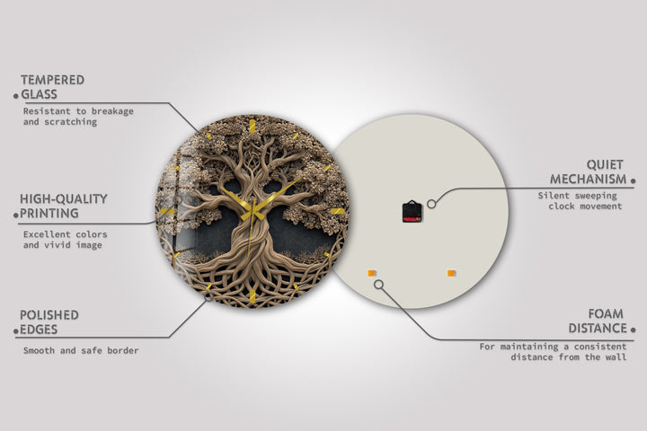 Baum des Lebens Glas-Wanduhr – Rustikale geschnitzte Holzoptik